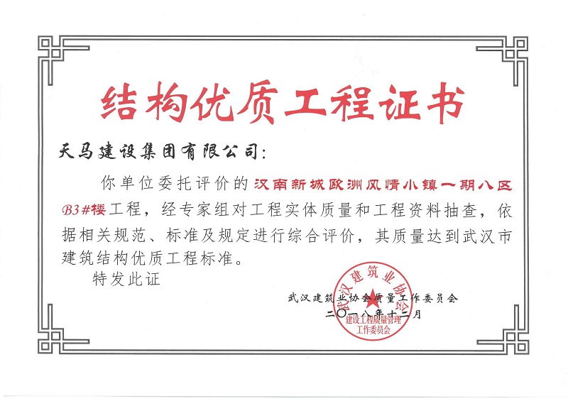 2018漢南綠地歐洲風情小鎮(zhèn)一期八區(qū)B3#樓獲武漢市建筑結構優(yōu)質(zhì)工程